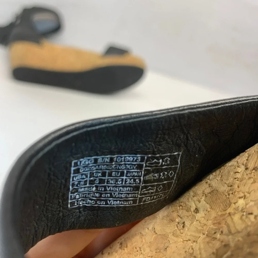 UGG Womens 7.5 Trina Wedge Sandals Tassel Black Leather Cork Summer Boho 1019973